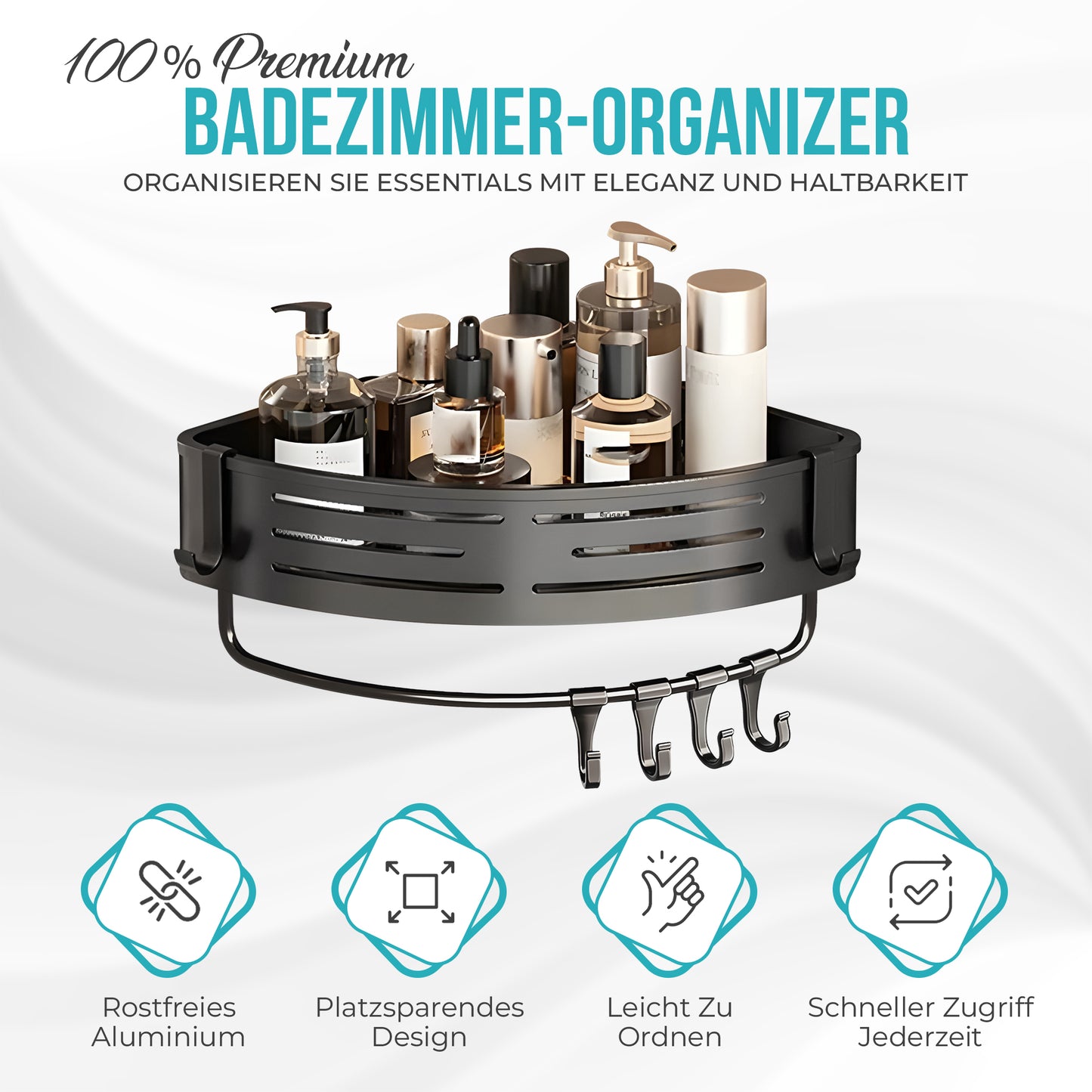 Premium Duschablage ohne Bohren – Designer Badregal Aluminium rostfrei mit Haken