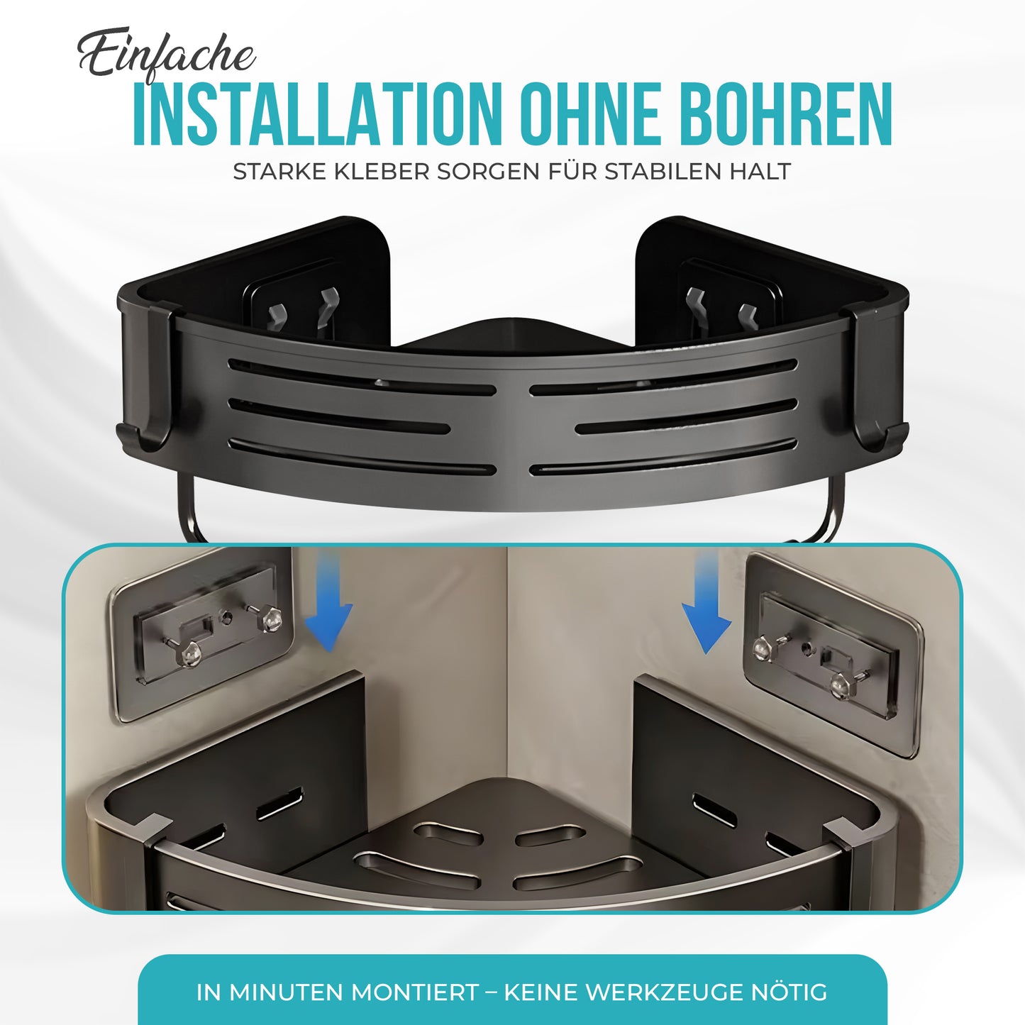 Premium Duschablage ohne Bohren – Designer Badregal Aluminium rostfrei mit Haken