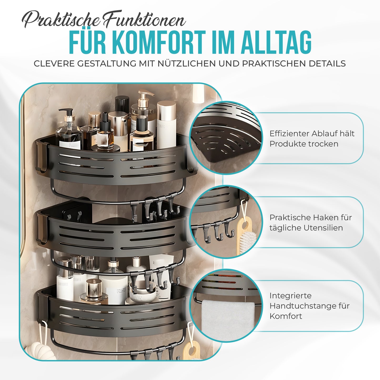 Premium Duschablage ohne Bohren – Designer Badregal Aluminium rostfrei mit Haken