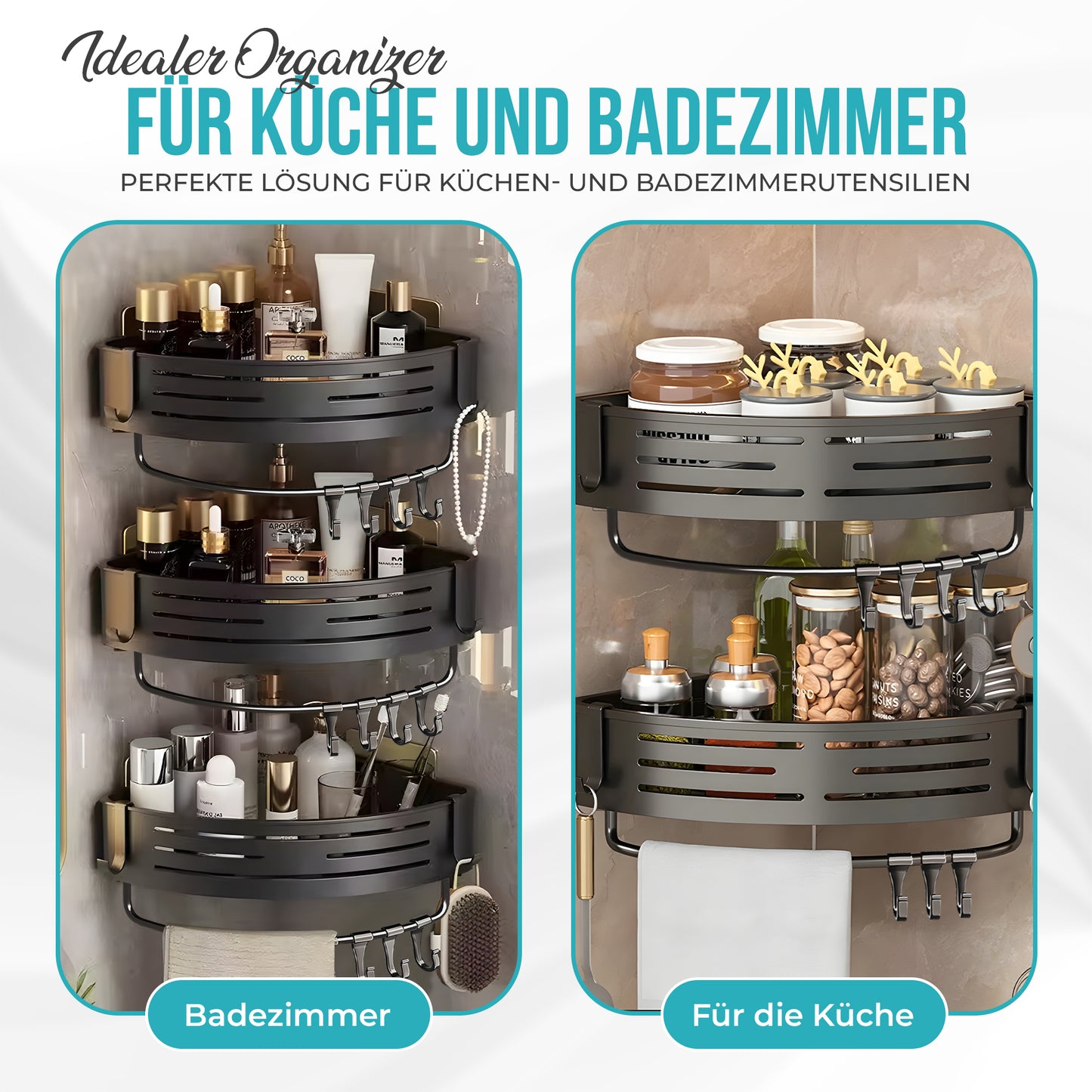 Premium Duschablage ohne Bohren – Designer Badregal Aluminium rostfrei mit Haken
