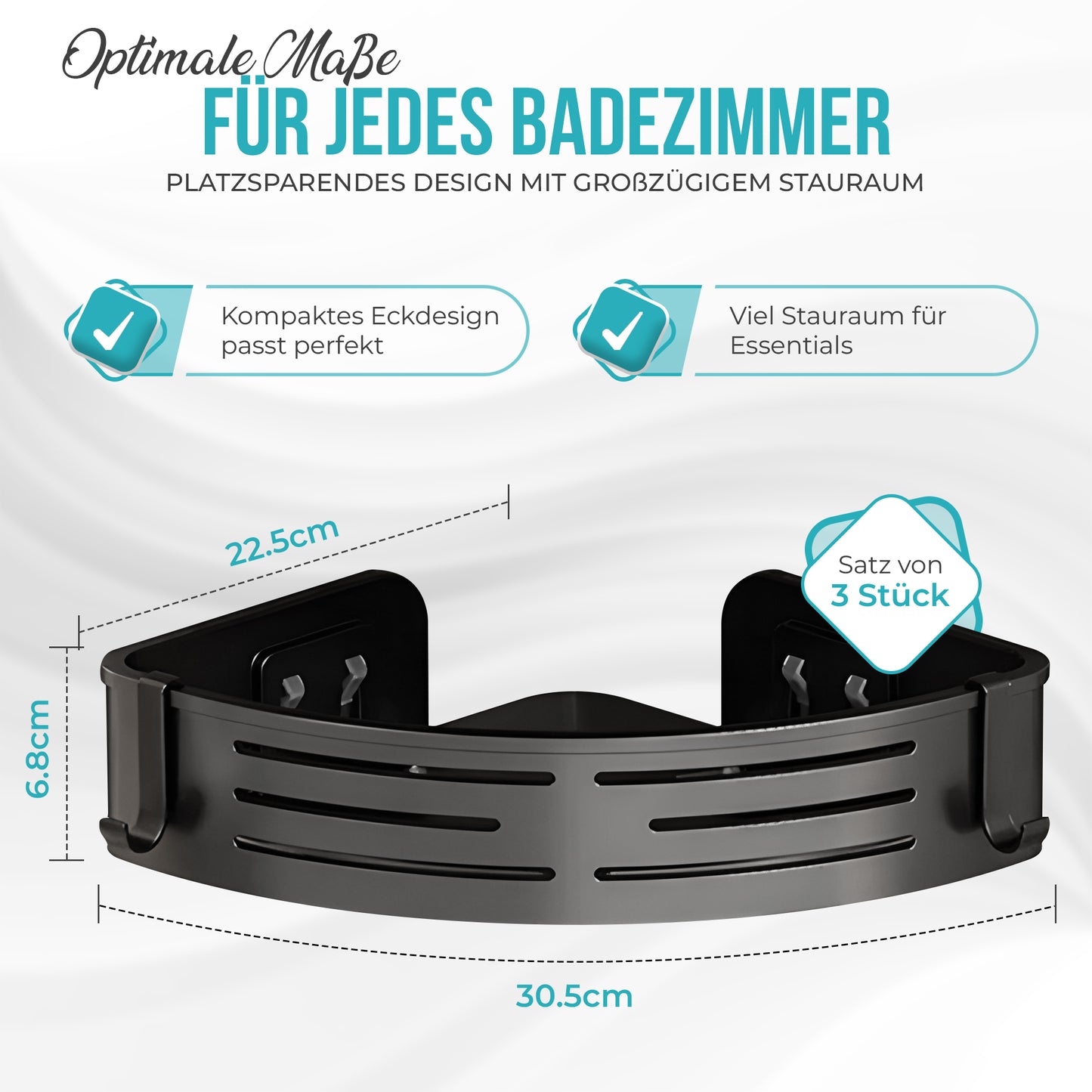 Premium Duschablage ohne Bohren – Designer Badregal Aluminium rostfrei mit Haken